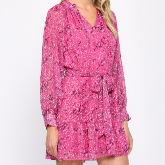 NWT Fate Animal Print With Lurex Chiffon Tie Waist Dress In Hot Pink - Picture 4 of 10
